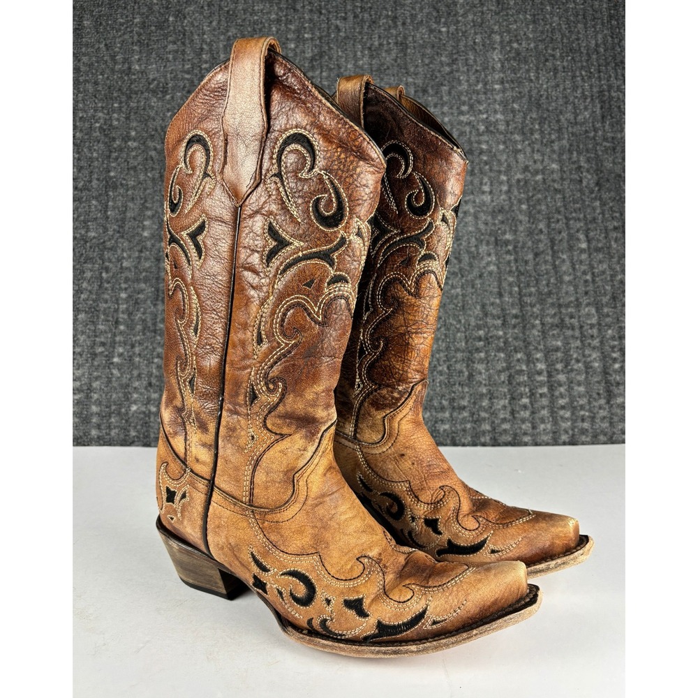Circle G L0049 Western Boots Embroidered Snip Toe Size 9 Brown Leather Boho